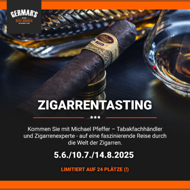 Dreimal in diesem Jahr: Unser exklusives Zigarren-Blindtasting-Event

Tauchen Sie ein in die faszinierende Welt des Tabaks!
Dreimal in diesem Jahr laden wir Sie zu einem besonderen Genusserlebnis ein: einem Blindtasting mit drei hochwertigen Zigarren.

Gemeinsam verkosten wir die Zigarren, ohne zunächst zu wissen, aus welchen Regionen sie stammen.

Begleitet wird das Tasting von unserem Experten Michael Pfeffer, der mit spannendem Fachwissen und tiefgehenden Einblicken rund um Tabak und Zigarren durch den Abend führt.

#germars #germarsbestburger #augsburg #schwabmünchen #event #2025